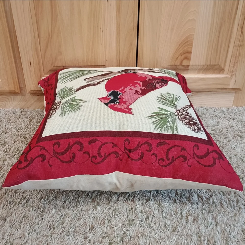 Vintage Cardinal Bird On Pine Branch Tapestry Throw Pillow Red Tan 18x18